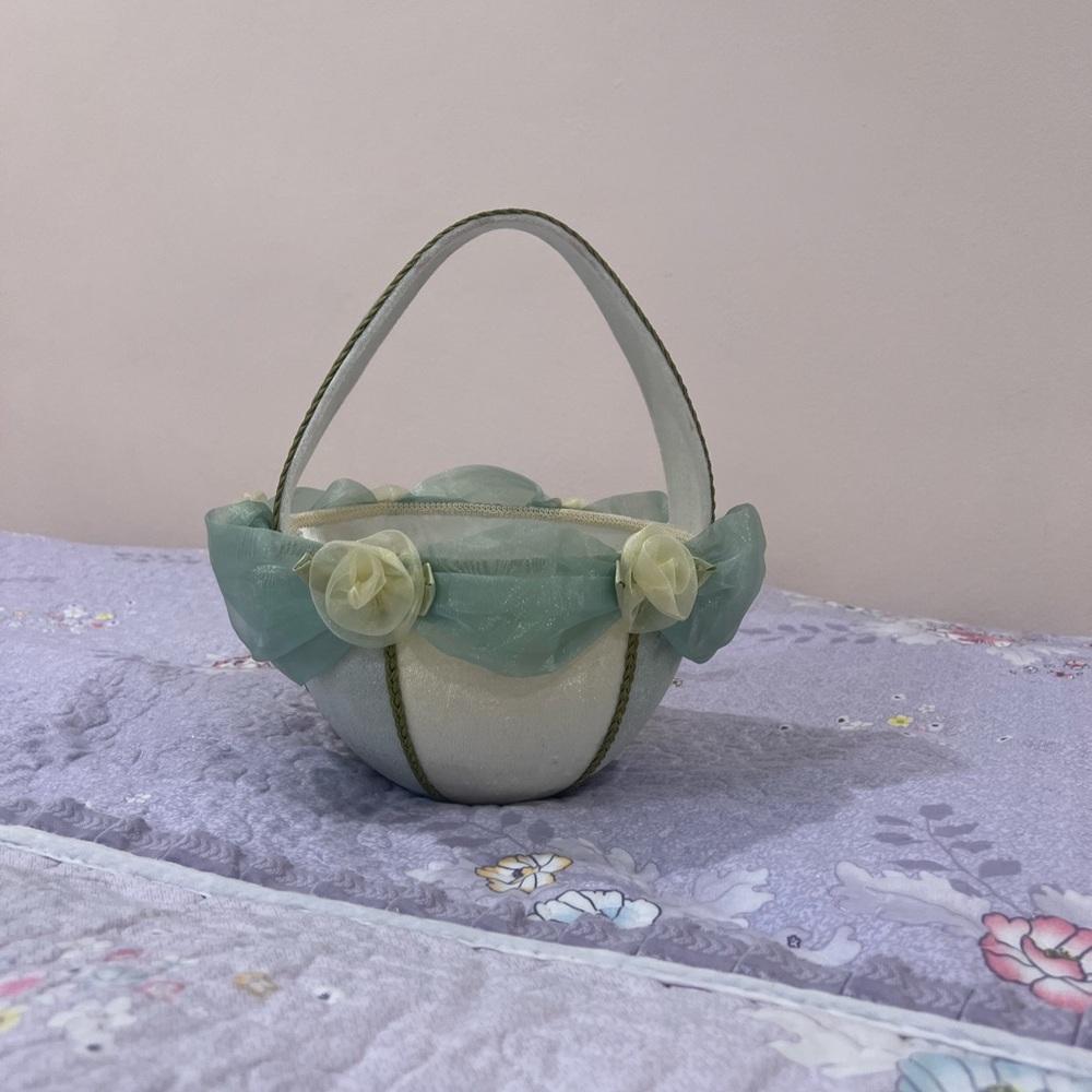 Elegant Vintage Green and Cream Basket with Floral Accents